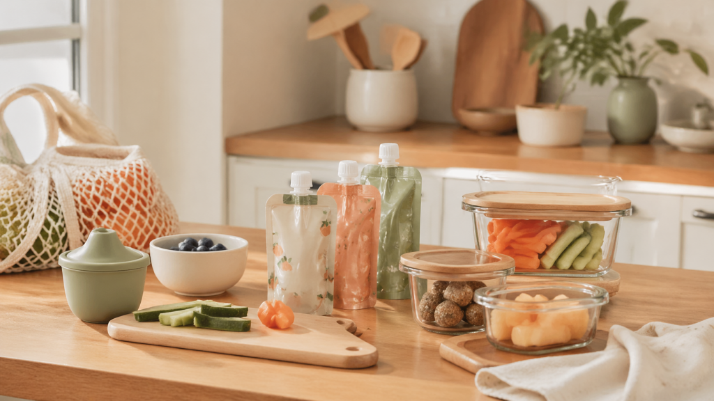 Wiederverwendbare Snackbeutel und Glasdosen mit Kinder-Snacks in heller Kuechenszene.