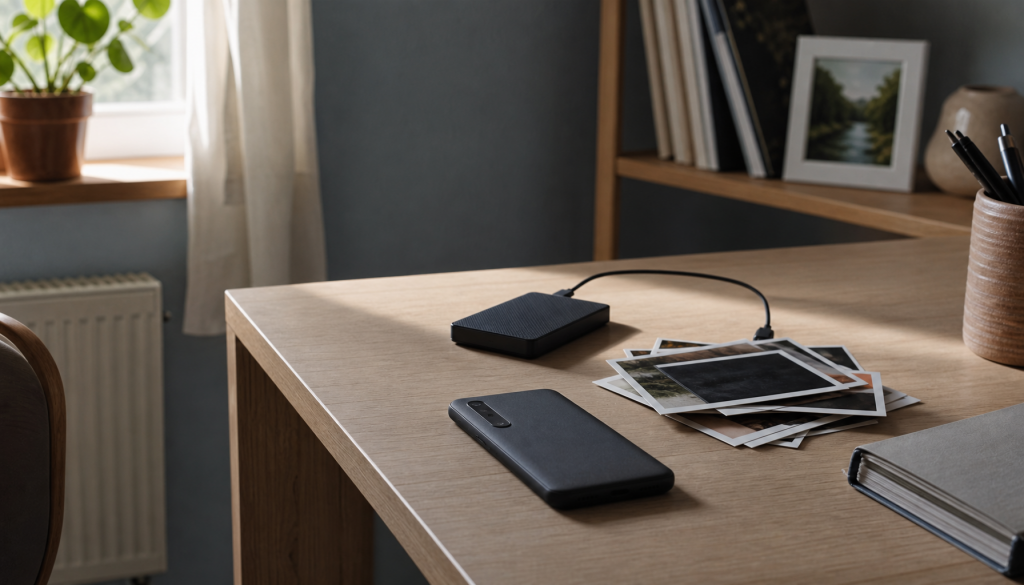 Familienfoto-Organisation mit Smartphone, externer Festplatte und privaten Fotoabzügen ohne erkennbare Gesichter
