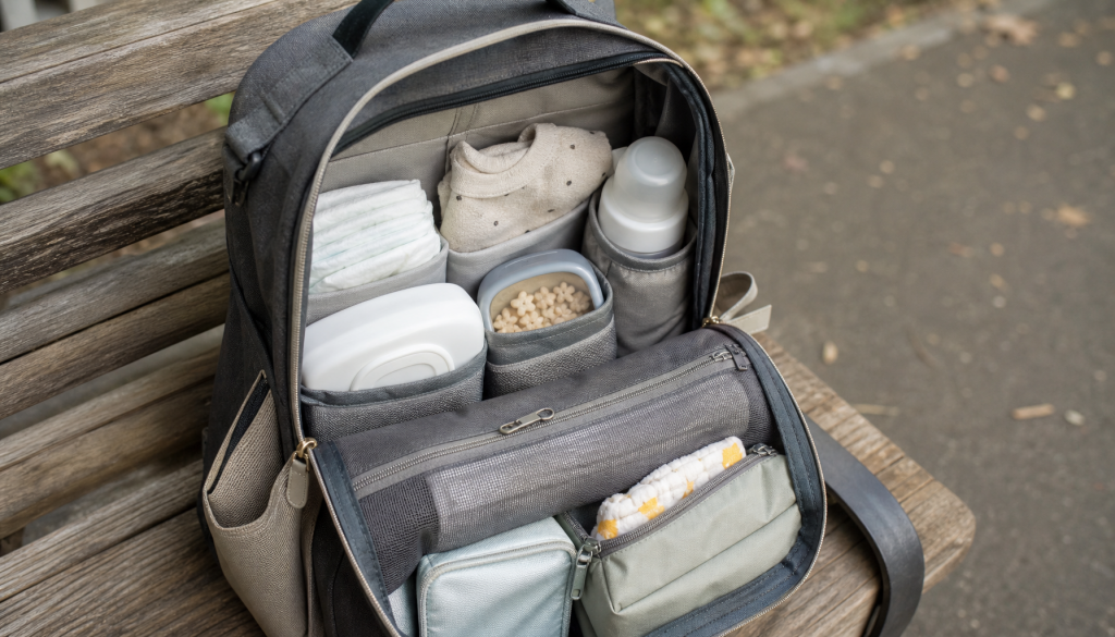 Geöffneter Wickelrucksack mit Windeln, Feuchttüchern, Wechselkleidung und Trinkflasche in klaren Fächern