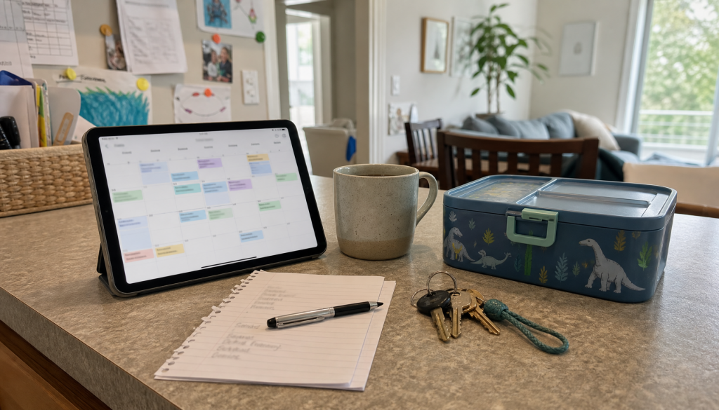Familienküche mit Tablet, Einkaufsliste, Kalender und Notizzettel als zentrale Organisation
