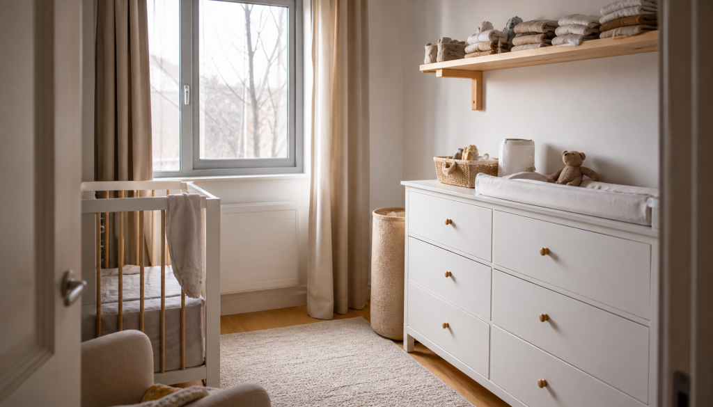 Minimalistisches Babyzimmer mit Wickelplatz, geschlossenen Boxen und wenigen sichtbaren Dingen