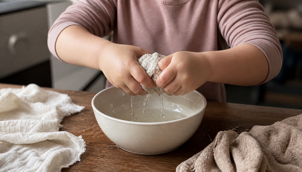 Kinderhände drücken einen weichen Waschlappen in einer kleinen Wasserschüssel als ruhiges Sensory Play