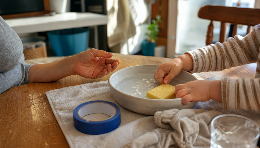 Kindgerechtes Sensorik-Setup mit Schüssel, Tuch, Schwamm und Klebeband auf einem Küchentisch