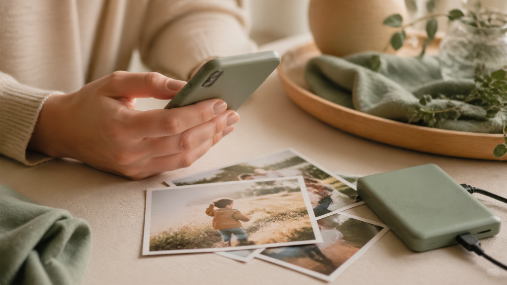Elternhand vor Smartphone und Fotoalben in ruhiger privater Szene, ohne sichtbare Gesichter.