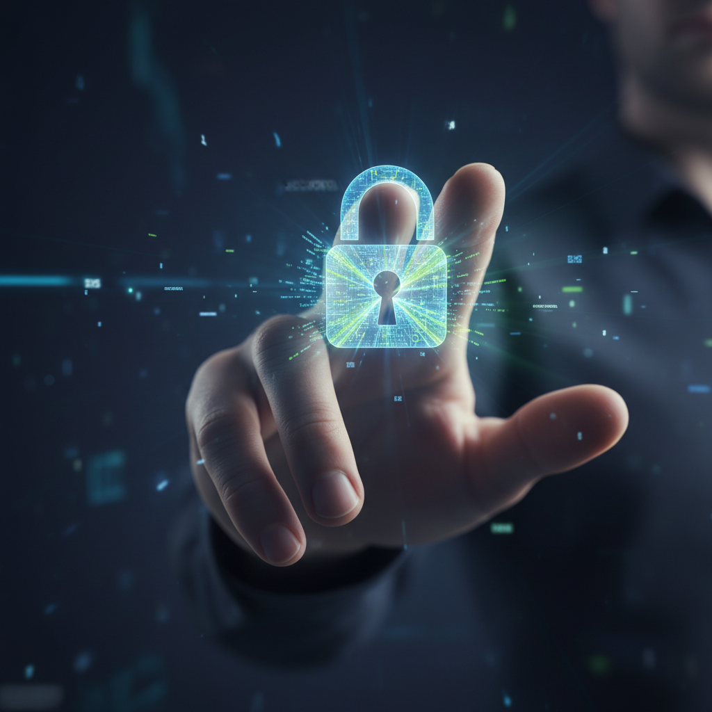 Nahaufnahme einer Hand, die auf einem futuristischen Interface die Privatsphäre und den digitalen Fußabdruck der Kinder aktiv kontrolliert und schützt (smartes Teilen).