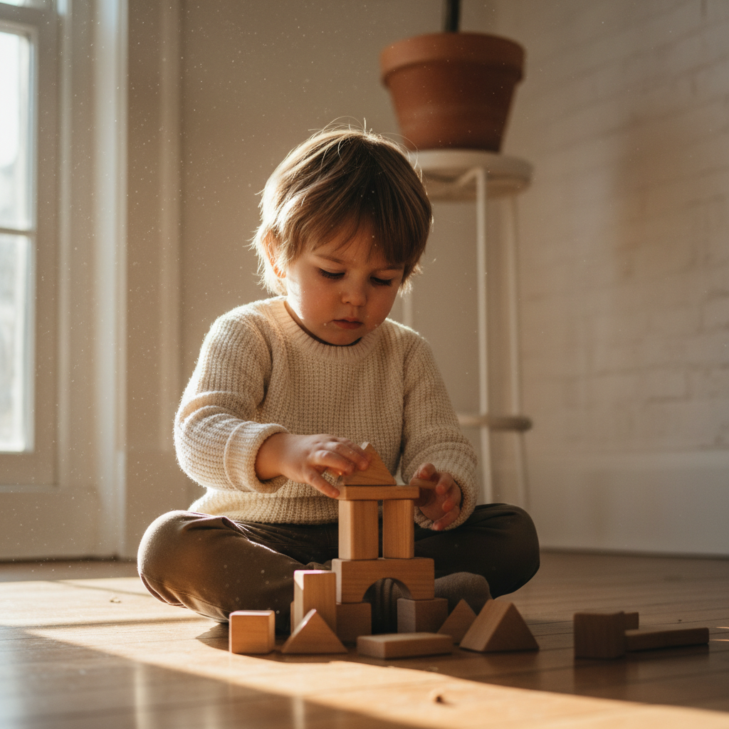 Ein kleines Kind spielt konzentriert mit Holzbausteinen in einem sonnendurchfluteten, minimalistischen Raum. Dieses Bild symbolisiert die Ruhe und Achtsamkeit, die Slow Parenting fördert.