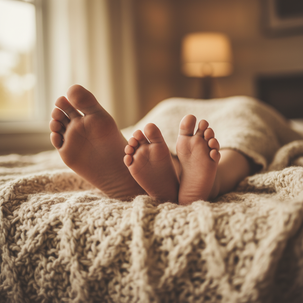 Nahaufnahme von entspannten Füßen eines Elternteils und Kindes auf einer Decke, die unstrukturierte Zeit und tiefe Verbindung im Rahmen des Slow Parenting illustriert.