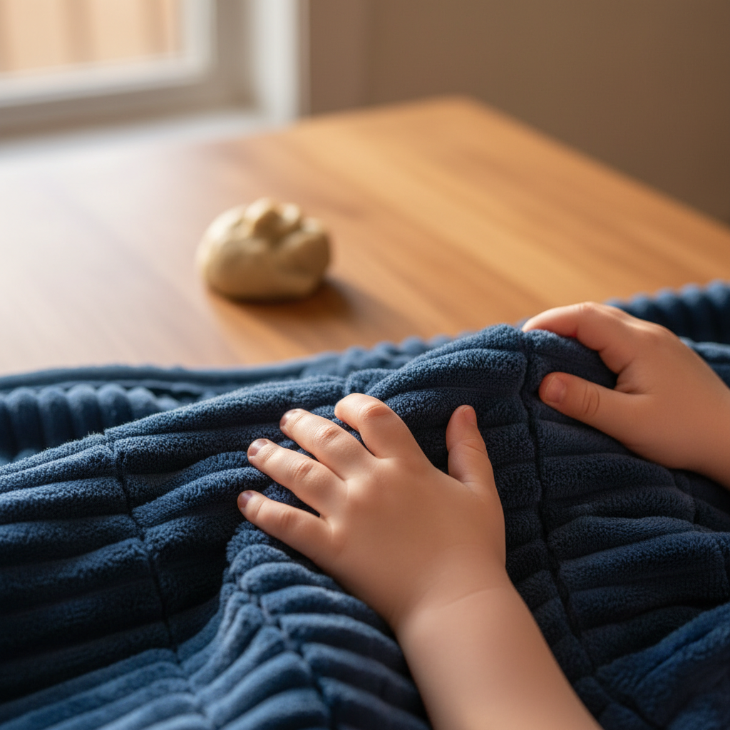 Nahaufnahme von Kinderhänden, die sich auf einer weichen Gewichtsdecke erden – wichtige sensorische Hilfsmittel im Calm-Down-Corner.