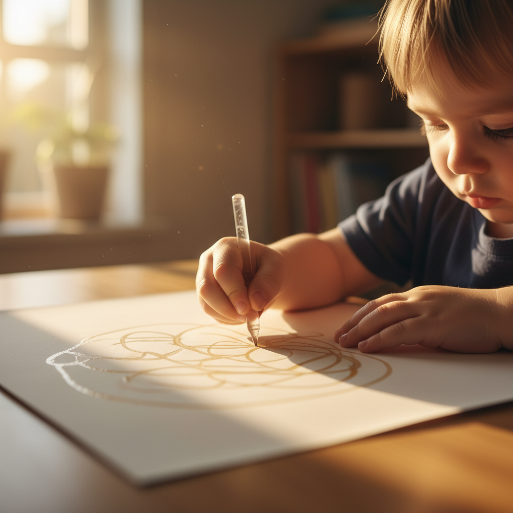 Nahaufnahme der Hände eines Kindes, das konzentriert Linien auf einem beleuchtet wirkenden Papier abpaust, das den genialen Babyöl Leucht-Trick demonstriert und die Feinmotorik fördert.