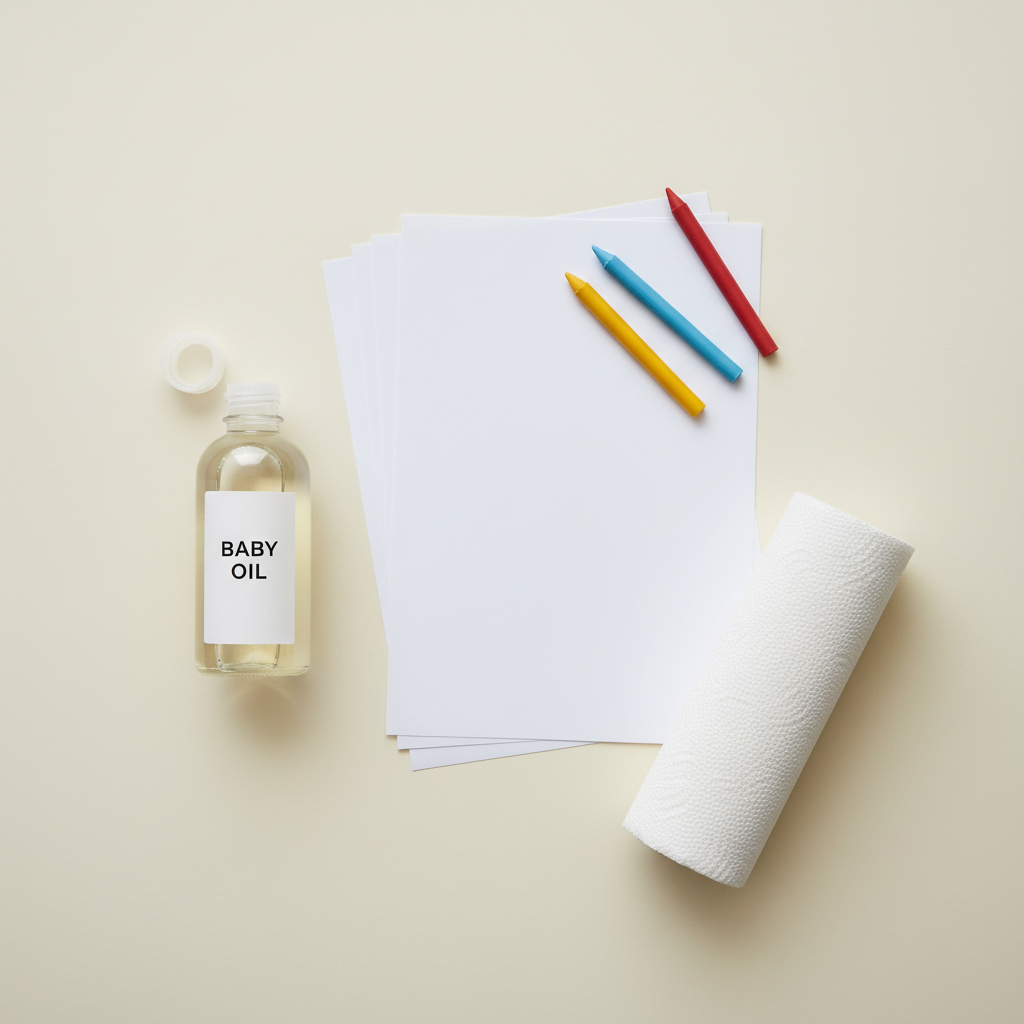Übersicht (Flat Lay) der einfachen Materialien für den effektiven Eltern-Hack: Babyöl, dickes Papier und Wachsmalstifte, die für den Babyöl Leucht-Trick benötigt werden.