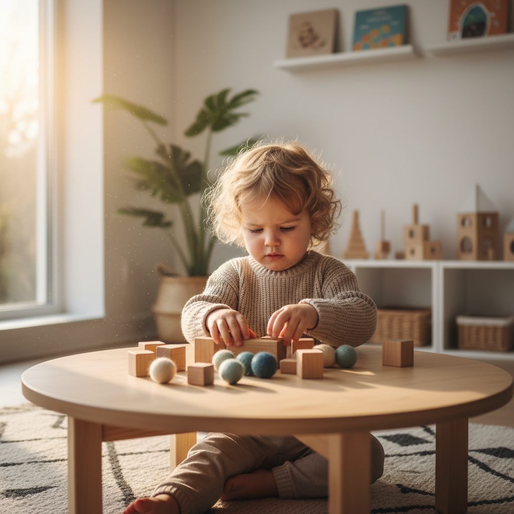 Ein konzentriertes Kleinkind spielt ruhig und vertieft, was die Vorteile einer Sensorische Box für die kindliche Entwicklung und die Eltern-Ruhe verdeutlicht.