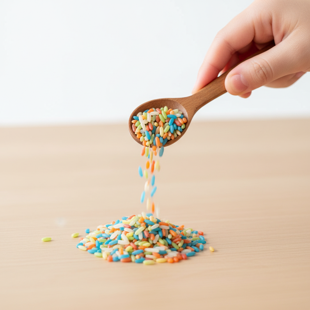 Nahaufnahme von Kinderhänden, die Reis mit einem kleinen Löffel schöpfen, um die Feinmotorik und Hand-Auge-Koordination beim Spiel mit der Knusper-Box zu trainieren.