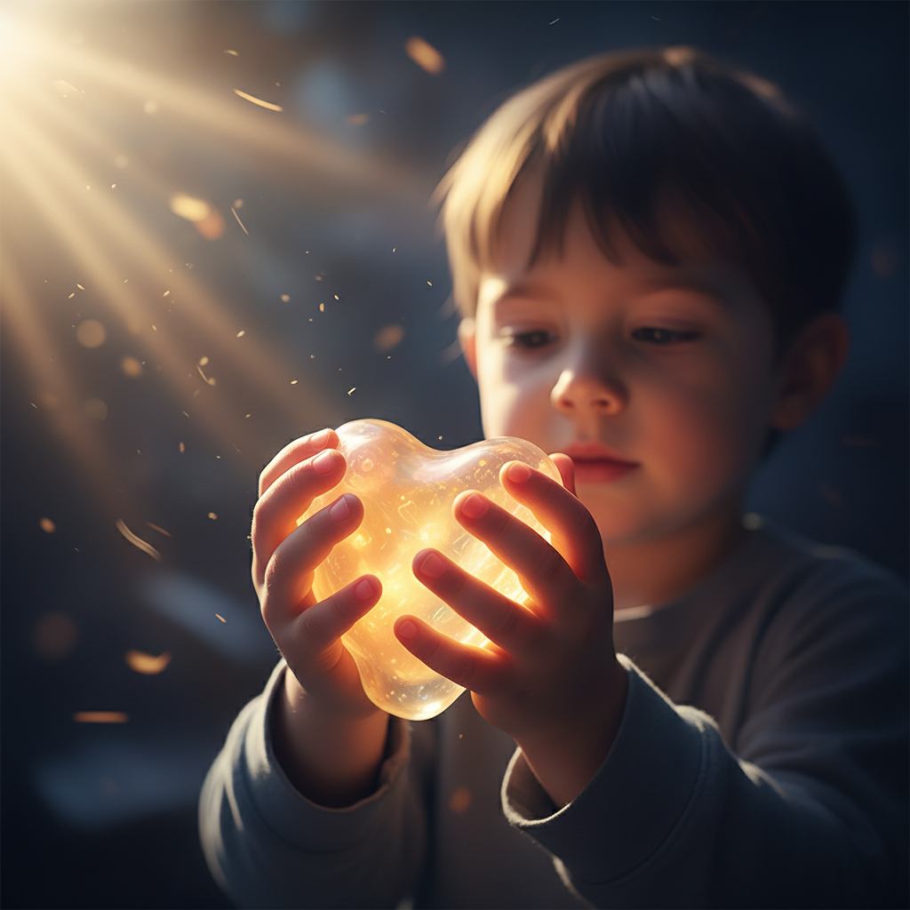 Nahaufnahme von Kinderhänden, die konzentriert mit leuchtenden Materialien spielen, symbolisch für die beruhigende Wirkung von Sensory Play bei Reizüberflutung.