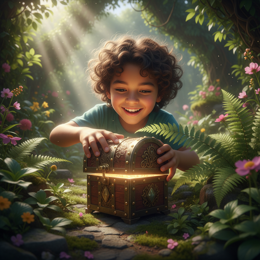 Aufnahme eines Kindes, das einen leuchtenden Schatz in einem üppigen, sonnendurchfluteten Garten findet, ein Sinnbild für das aufregende Geocaching im Garten.