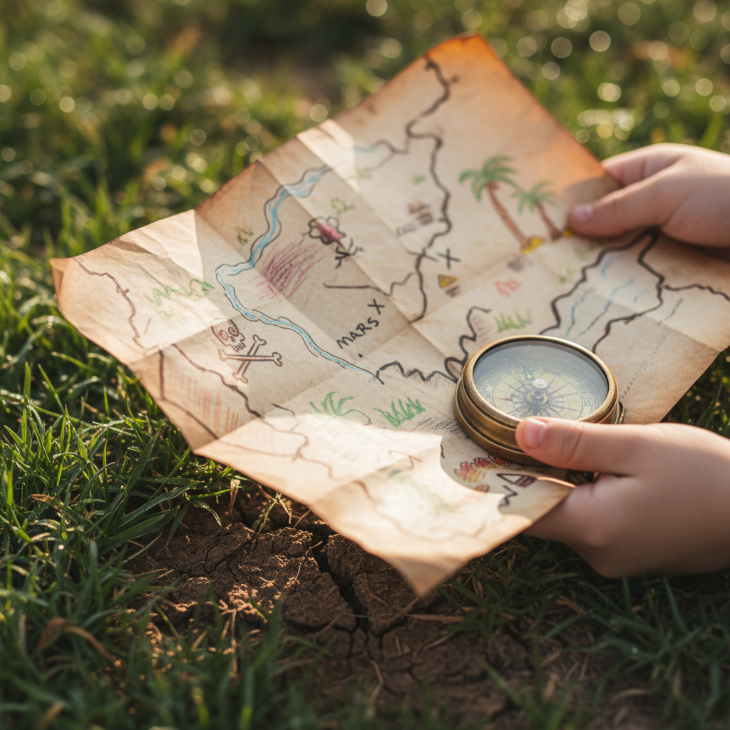 Nahaufnahme der Hände eines Kindes, das eine selbst gezeichnete Schatzkarte und einen Kompass für das analoge Geocaching im Garten nutzt.