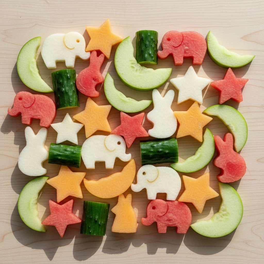 Nahaufnahme von buntem Obst und Gemüse, das mit Ausstechformen in Sterne und Tierformen verwandelt wurde, als kreativer Bestandteil der Obst-Safari Strategie.