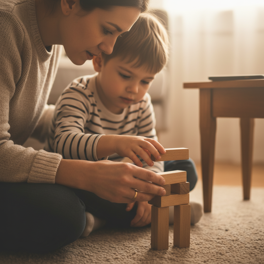 Ein Elternteil schenkt seinem Kind ungeteilte Aufmerksamkeit beim Bauen von Holzklötzen – ein Schlüsselaspekt der Slow Parenting-Methode gegen Multitasking.