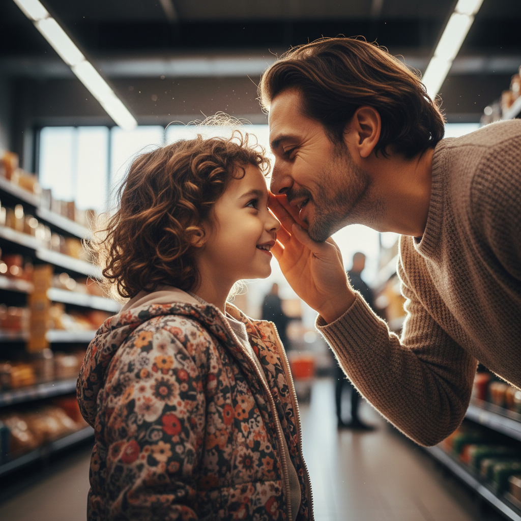 Nahaufnahme eines Elternteils, das seinem Kind geheimnisvoll ins Ohr flüstert, um den Flüster-Trick Supermarkt anzuwenden und gutes Verhalten zu loben.