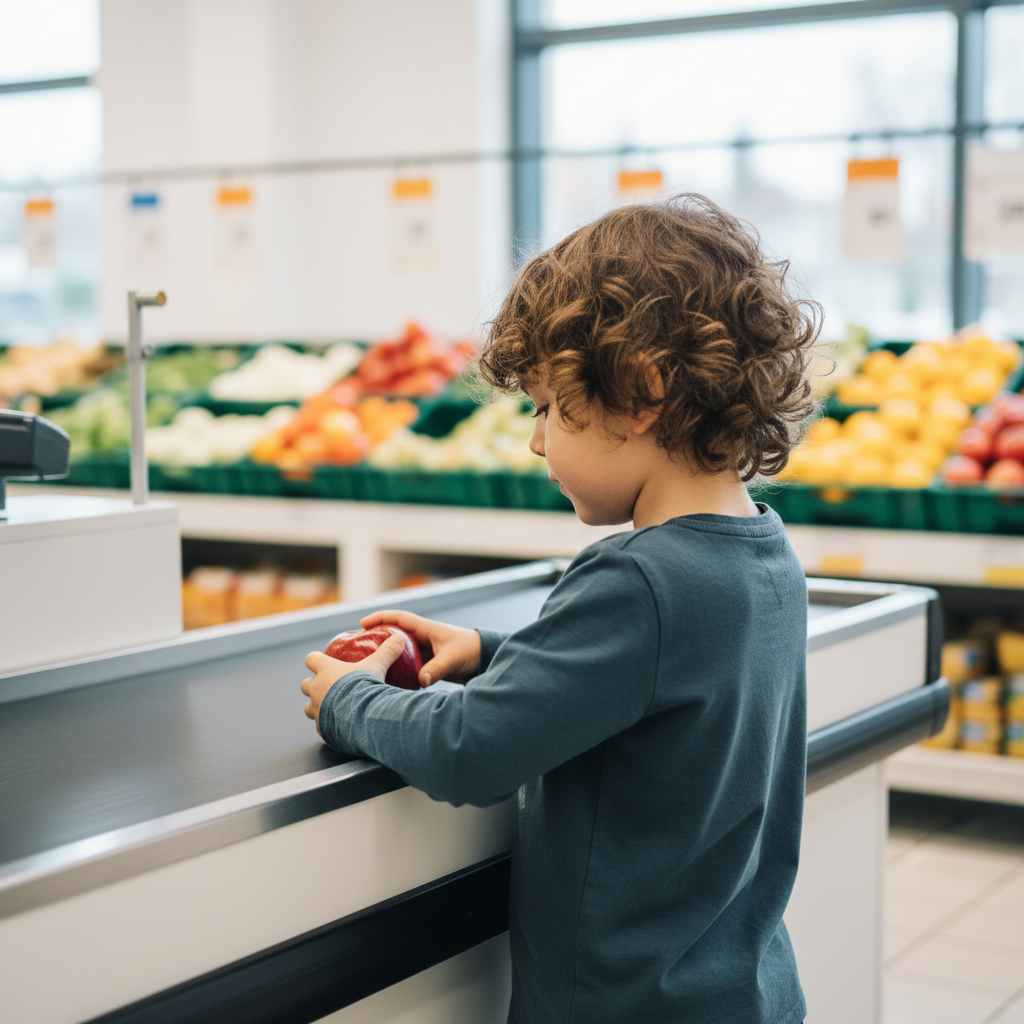 Ein Kind zeigt Geduld und Konzentration beim Ablegen der Einkäufe auf das Kassenband, als Folge positiver Erziehung und des Flüster-Tricks.