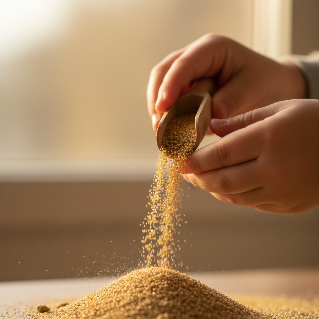 Nahaufnahme von Kinderhänden, die konzentriert mit feinem Material schöpfen, was die selbstständige Regulierung und den Fokus durch Sensorisches Spiel verdeutlicht.