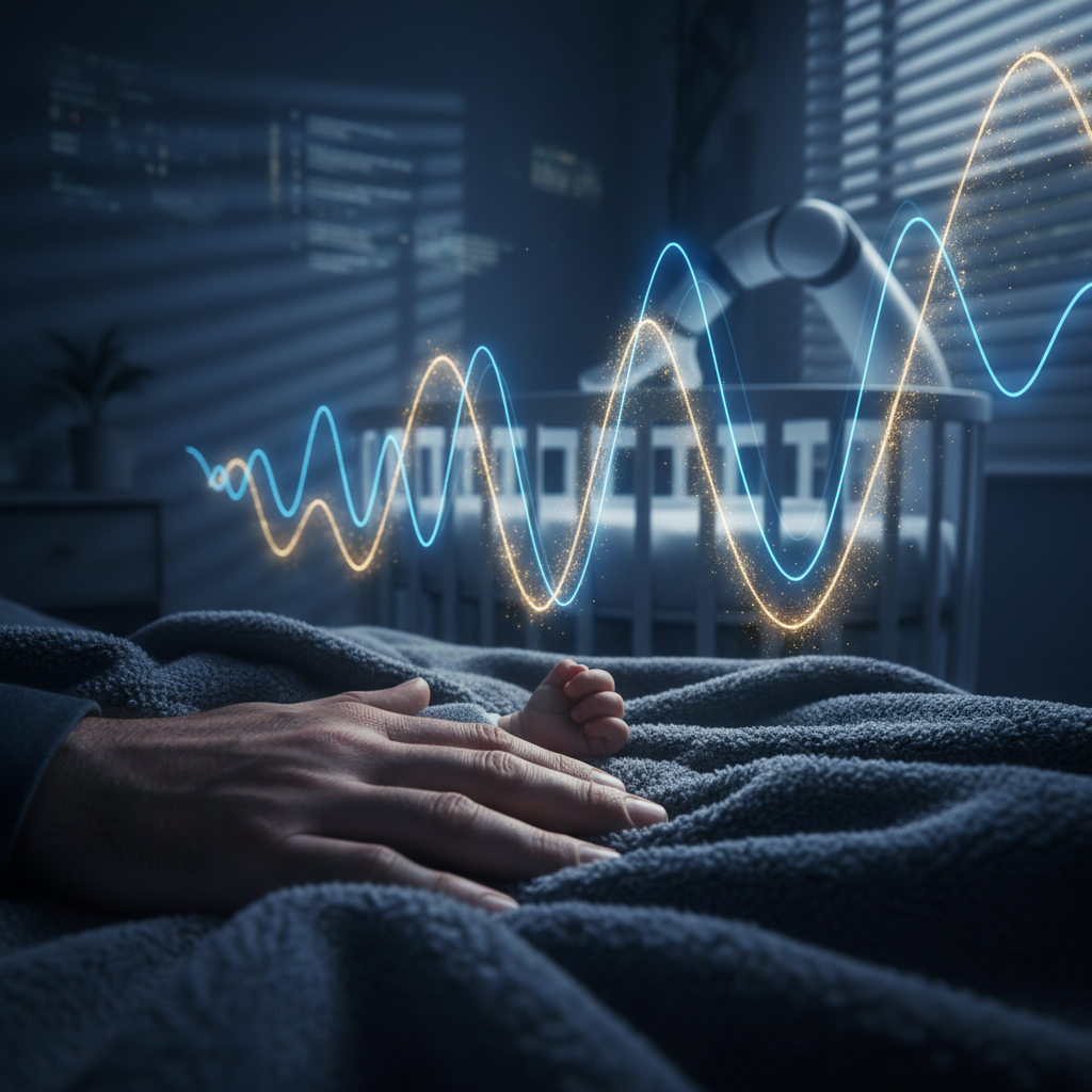 Metaphorische Darstellung der Entspannung, die Eltern durch Smarte Baby Hacks erfahren, visualisiert durch sanfte Lichtwellen und eine ruhende Hand.