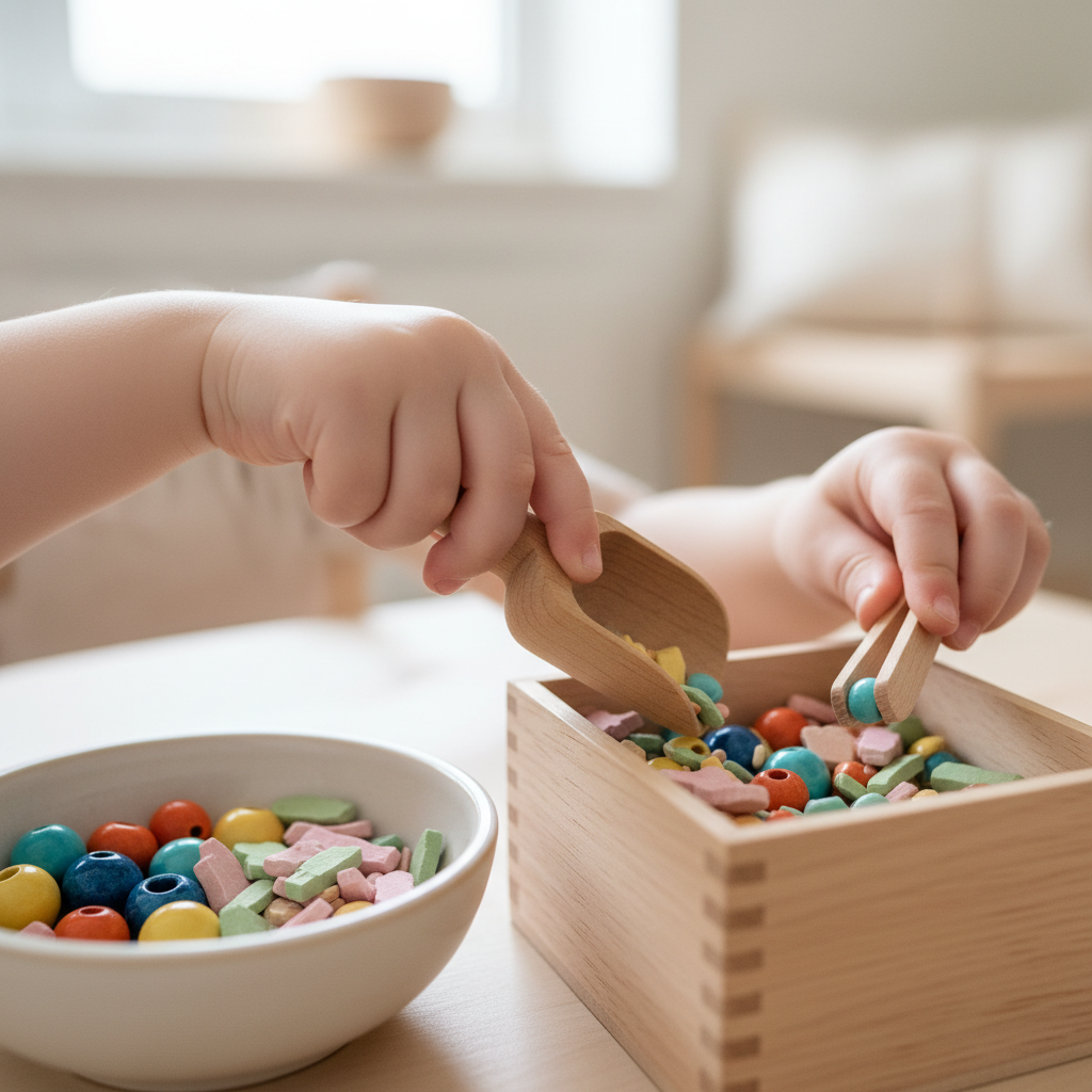 Detailaufnahme der Feinmotorik beim Schöpfen und Greifen von Schüttmaterialien in einer Sensory Play Kiste, ideal zur Förderung der Konzentrationsfähigkeit.