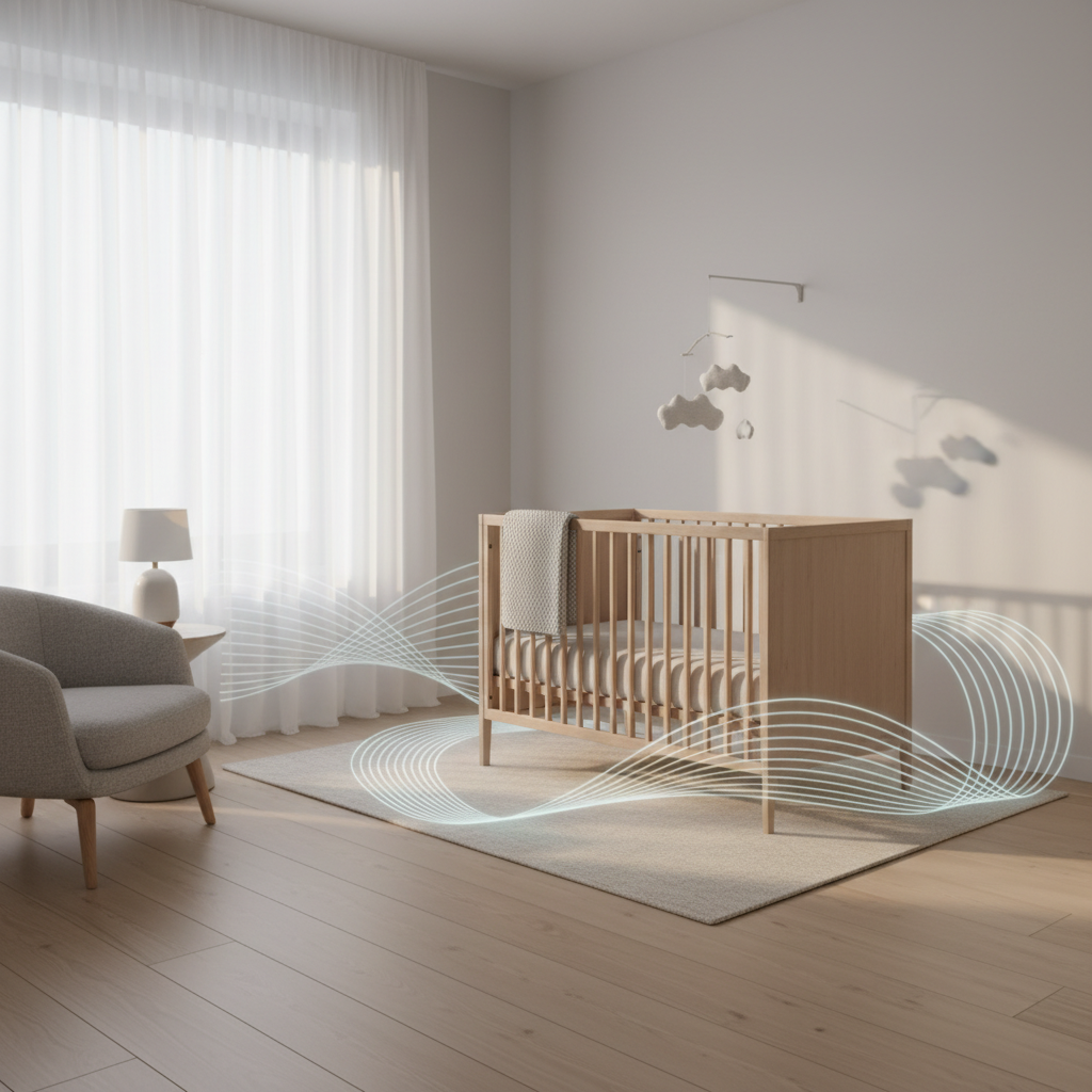 Ruhige, minimalistische Kinderzimmeransicht mit abstrakt dargestellten, beruhigenden Geräuschwellen, die das System der Smart Baby Hacks visualisieren.