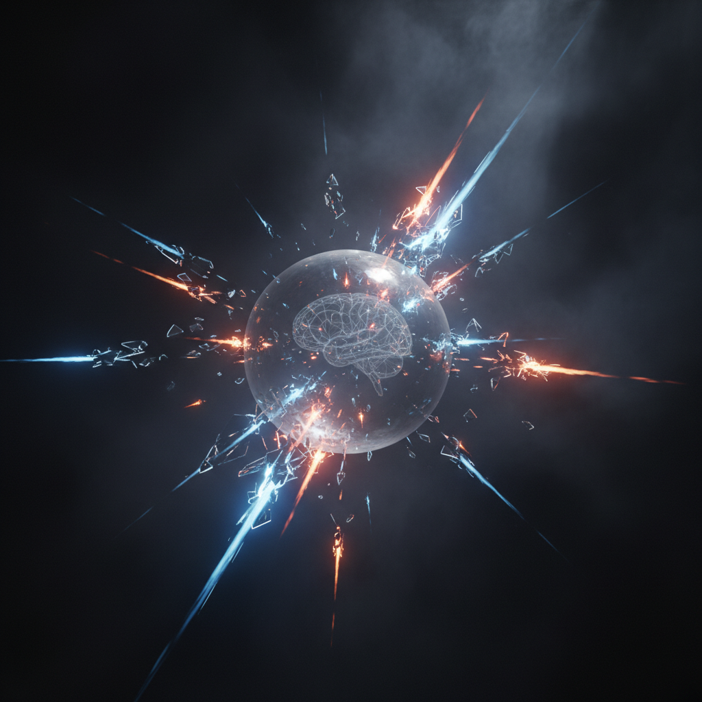 Visuelle Metapher für die Überforderung der Psyche durch schnelle Bildschirmzeit und übermäßigen Zucker bei Kindern, dargestellt als fragile Kugel in chaotischem Licht.