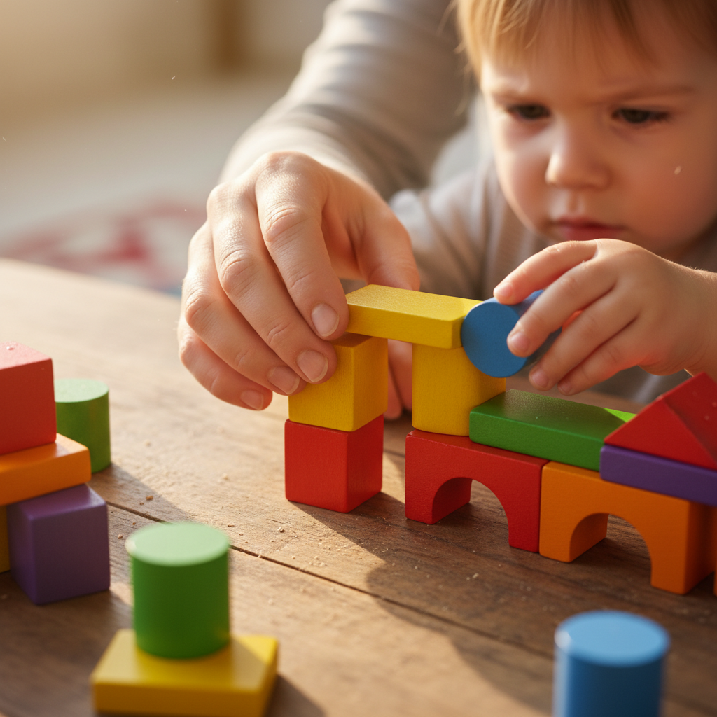 Detailaufnahme von Händen beim gemeinsamen, bildschirmfreien Spielen mit Bausteinen, als Alternative zur Reduzierung von Bildschirmzeit und Zucker bei Kindern.