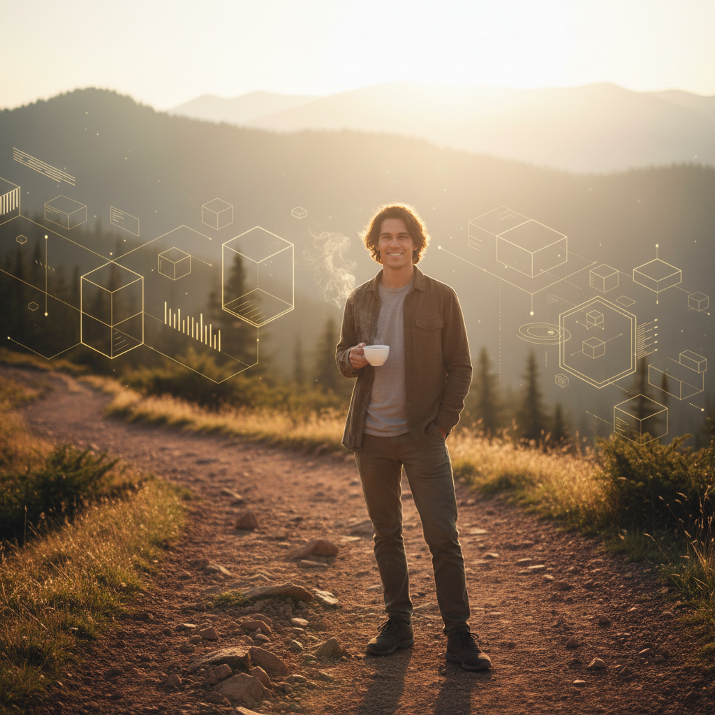 Visuell beeindruckende Aufnahme einer entspannten Person, die metaphorisch die Freiheit und Organisation durch einen idealen Wickelrucksack darstellt, bereit für die tägliche Expedition.
