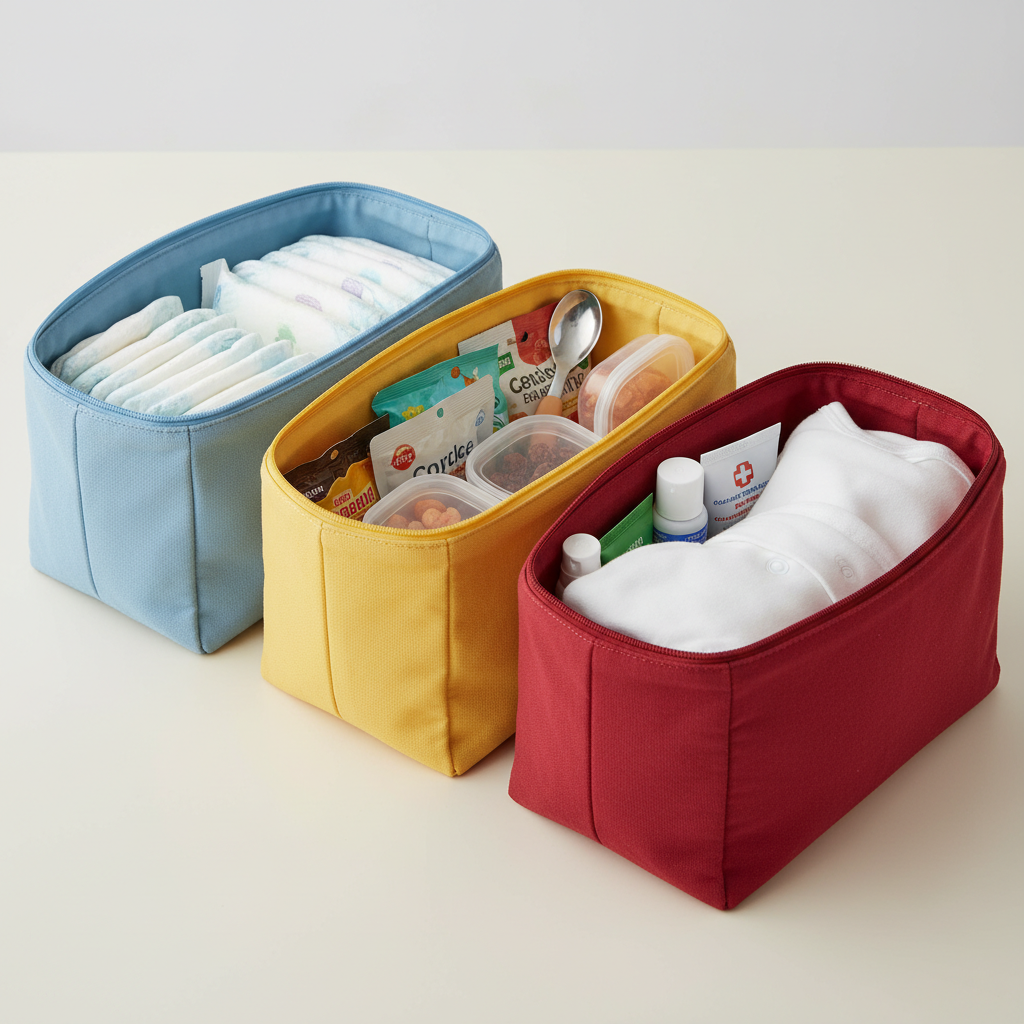 Nahaufnahme von farblich organisierten Reißverschlussbeuteln (Packtaschen), die die perfekte interne Struktur eines Wickelrucksack-Inhalts zeigen.