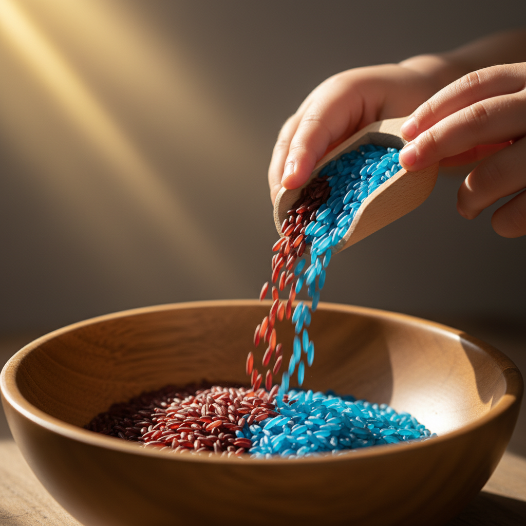 Nahaufnahme von Kinderhänden beim Schütten von buntem Reis, symbolisch für die Konzentration und Entwicklung durch Sensorik-Spiele Kleinkind.