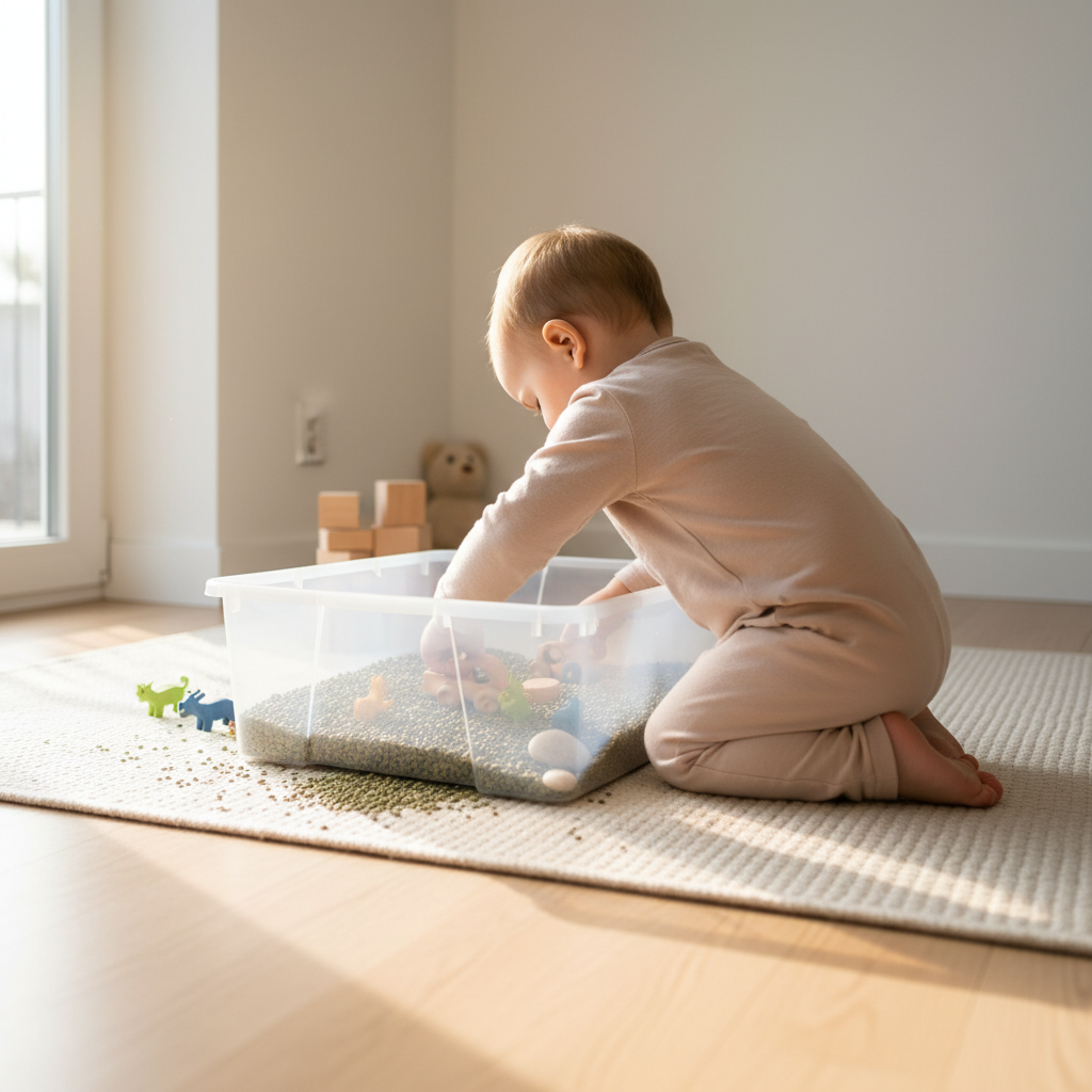 Ein Kleinkind spielt konzentriert mit Linsen und einer Schaufel in einer Plastikwanne, eine einfache Methode für effektive Sensorik-Spiele Kleinkind.