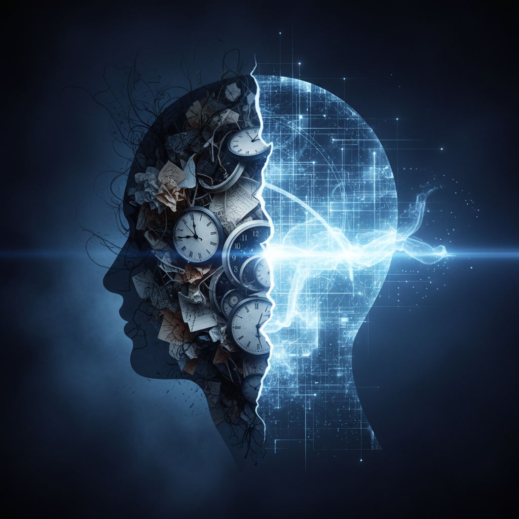 Konzeptbild, das die Reduzierung des Mental Load durch digitale Struktur visualisiert, indem mentale Überlastung in geordnete, klare Lichtbahnen übergeht.