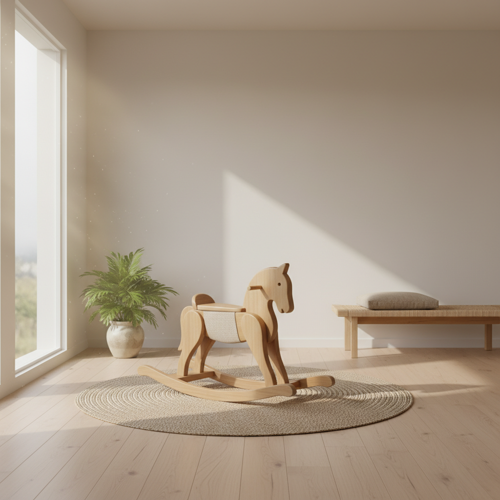 Ein ruhiges, minimalistisches Babyzimmer mit einem einzelnen hölzernen Schaukelpferd auf einem Jute-Teppich, das die Ästhetik des minimalistischen Babyzimmers verkörpert.