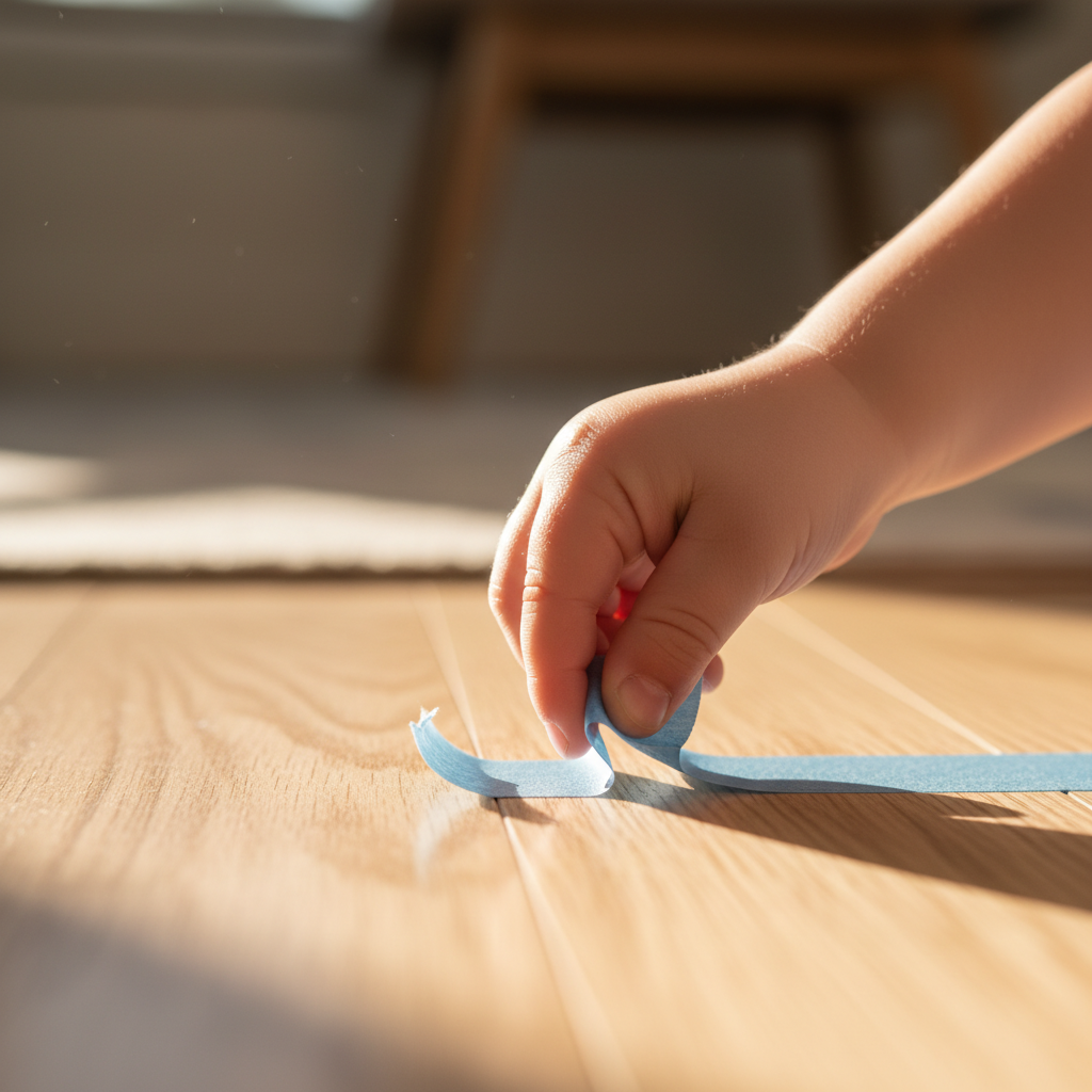 Nahaufnahme einer kleinen Hand, die konzentriert einen Streifen Kreppband vom Boden abzieht, was die Feinmotorik bei der Kreppband Kleinkind Beschäftigung fördert.