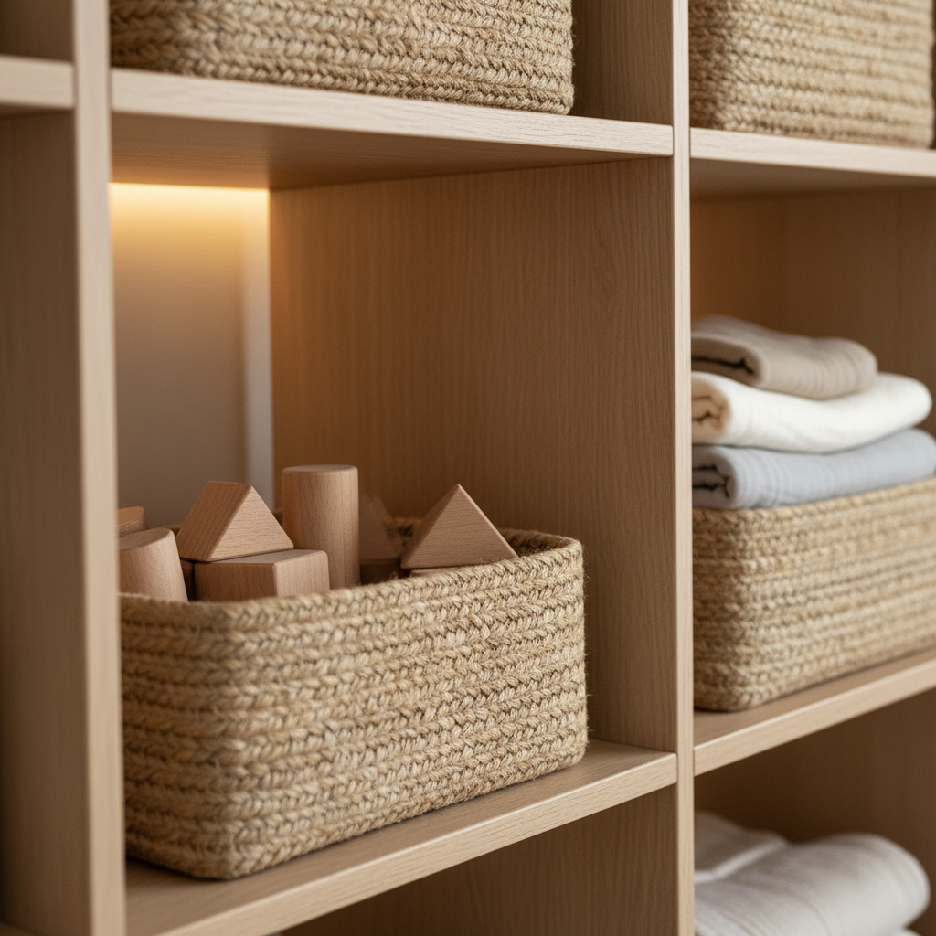 Detailaufnahme von cleverem, vertikalem Stauraum in einem Holzregal mit geflochtenen Körben zur Organisation von Spielzeug und Kleidung im minimalistischen Babyzimmer.