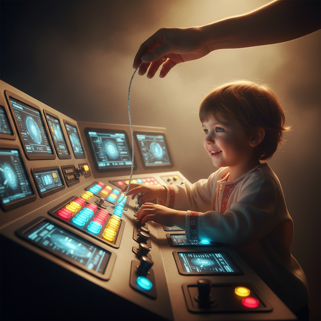 Ein Kind sitzt vor einem großen, leuchtenden Knopf und spielt, während im Hintergrund ein Elternteil die Fäden zieht – Metapher für clevere Erziehungstricks.