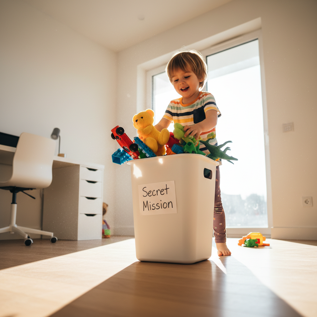 Ein Kind räumt schnell Spielzeug in eine undurchsichtige 'Magische Box' auf; ein lebendiges Beispiel für clevere Erziehungstricks gegen Aufräum-Chaos.