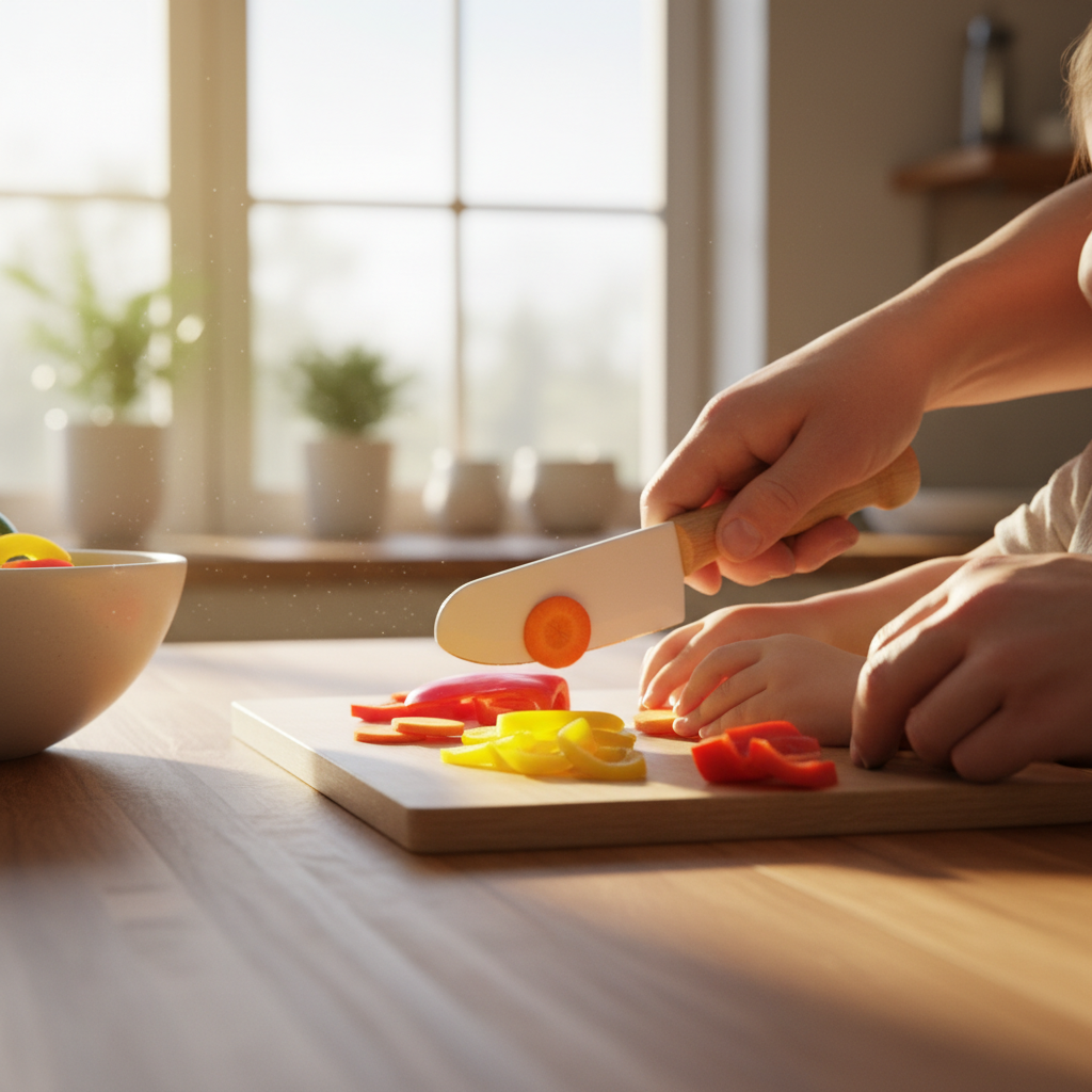 Ein Kind und ein Erwachsener bereiten gemeinsam in der Küche bunte Gemüsesorten zu, um Kinder Gemüse essen zu lassen und Stress zu vermeiden.