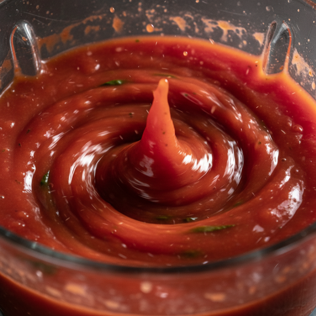 Hochdetaillierte Aufnahme eines leistungsstarken Mixers, der püriertes Gemüse in einer roten Soße versteckt – der effektivste Trick, damit Kinder Gemüse essen.