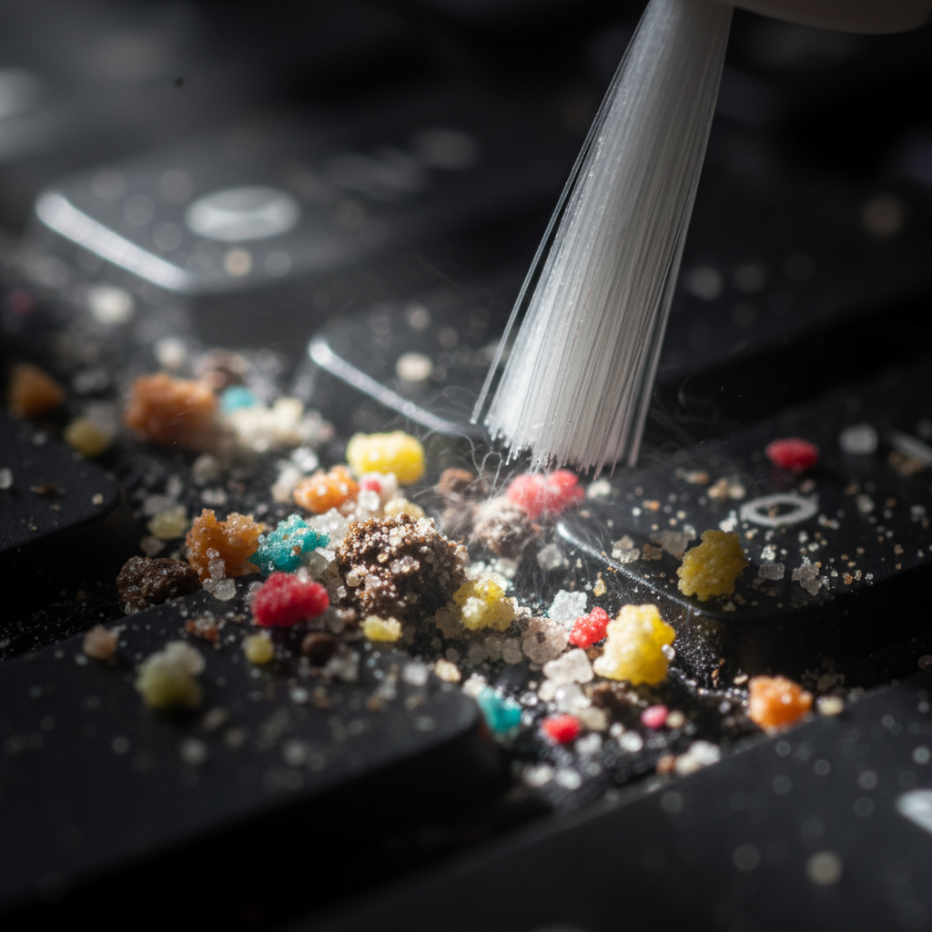 Dramatische Makro-Aufnahme, die zeigt, wie ein einzelnes Pinselhaar präzise Krümel und Staub aus einer schwer erreichbaren Rille entfernt, visualisierend den Hack, Make-up Pinsel zum Reinigen zu verwenden.