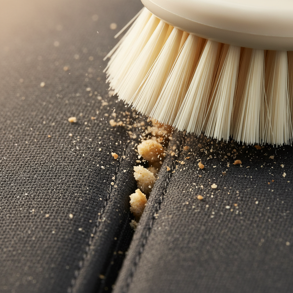 Nahaufnahme eines weichen, dichten Pinsels, der Schmutz und kleine Reste aus der tiefen Naht eines Polsters (z.B. Kindersitz) kehrt, demonstrierend die Effizienz von Make-up Pinsel zum Reinigen.