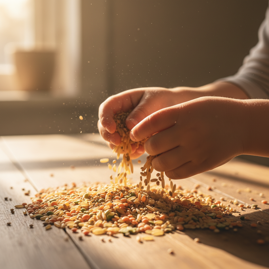 Nahaufnahme von Kinderhänden, die mit buntem Reis und Linsen spielen – ein Beispiel für Sensory Play gegen Überreizung.