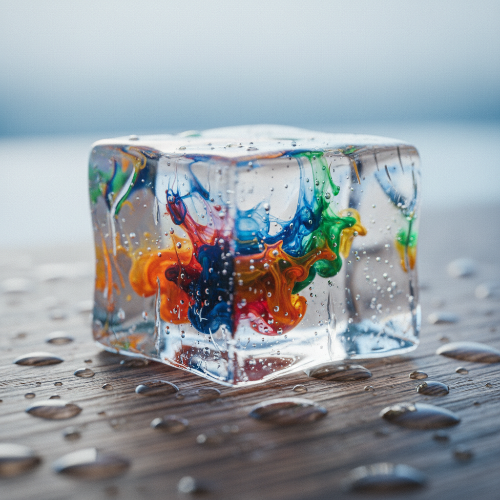 Ein schmelzender Eisblock mit bunten Einschlüssen als haptisches Sensory Play Experiment für Kinder.