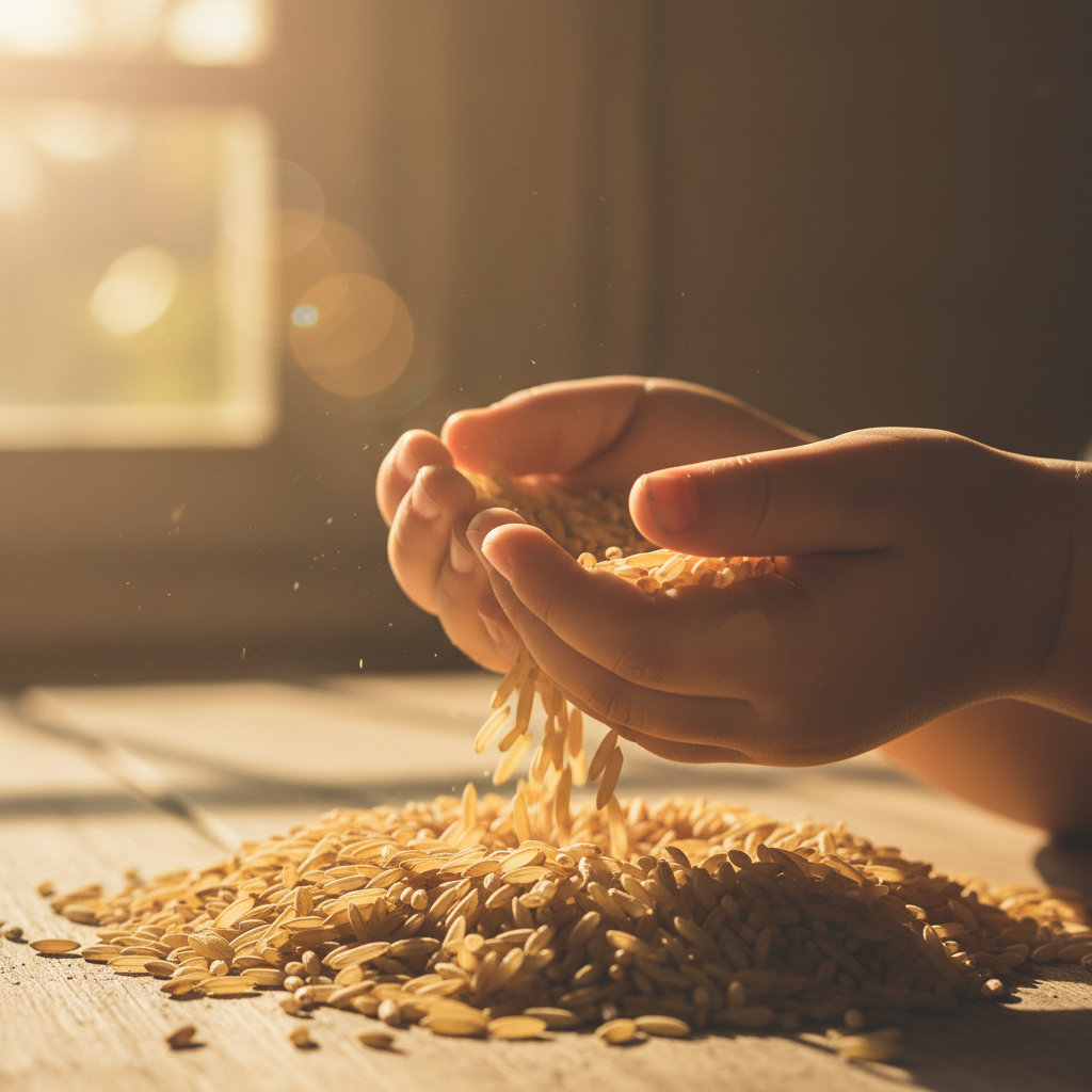 Ein Kleinkind spielt konzentriert mit Reis und schüttet die Körner aus den Händen – Symbol für sensorisches Spielen zur Beruhigung am Nachmittag.