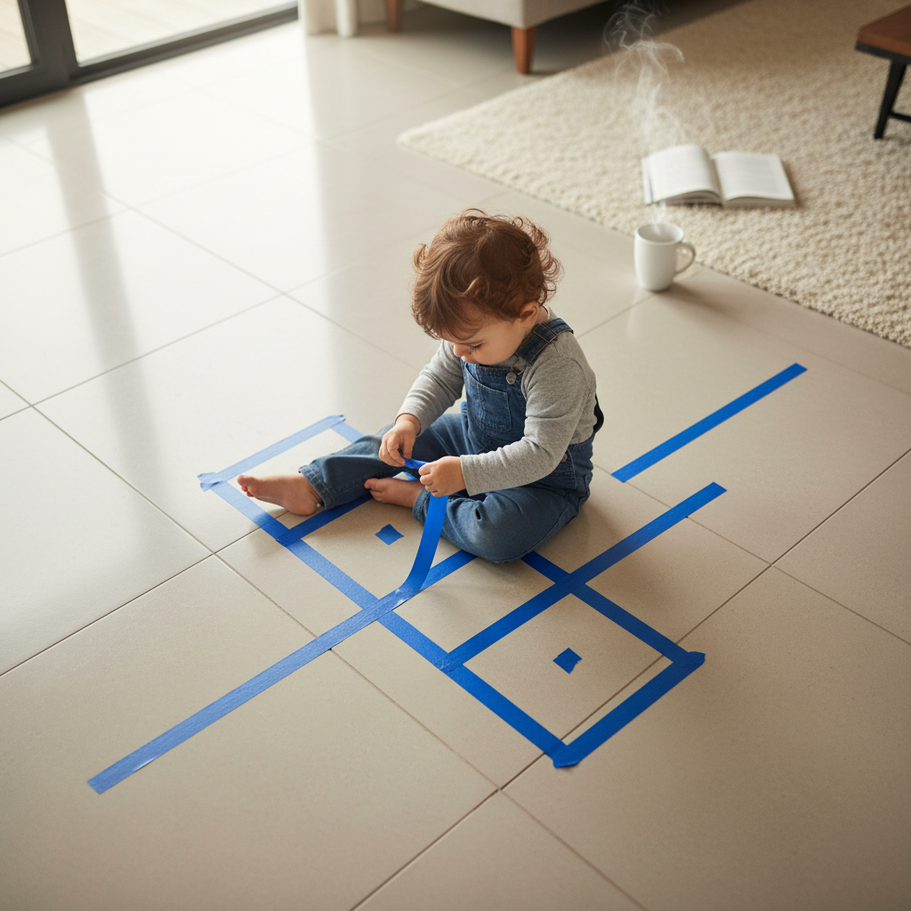 Ein Kleinkind spielt konzentriert mit einem einfachen Muster aus Malerkrepp auf einem hellen Boden, eine ideale Kreppband Kleinkind Beschäftigung ohne Chaos.