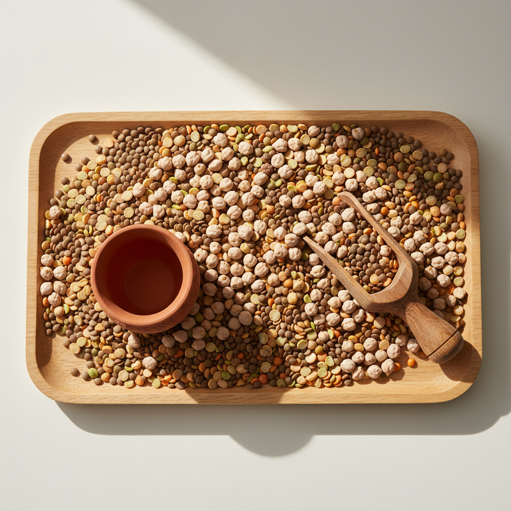 Eine schlichte Holzschale gefüllt mit Linsen und Naturmaterialien – einfache Vorratskammer-Hacks für sensorisches Spielen.