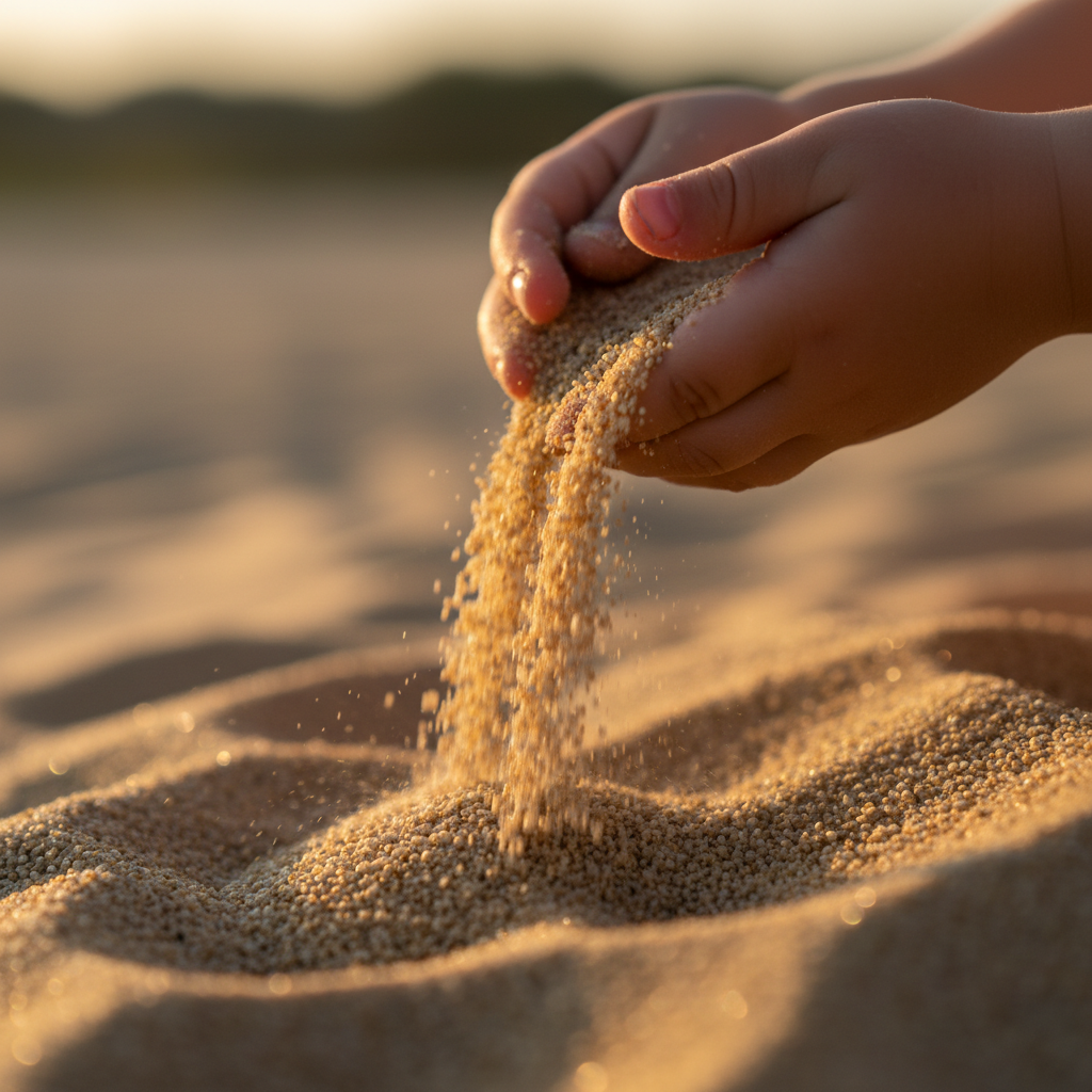 Nahaufnahme kindlicher Hände, die in warmem, goldenem Licht mit einem feinkörnigen Material spielen und dabei ihre Feinmotorik trainieren. Perfekte Sensorik-Spiele für konzentrierte Kinder.