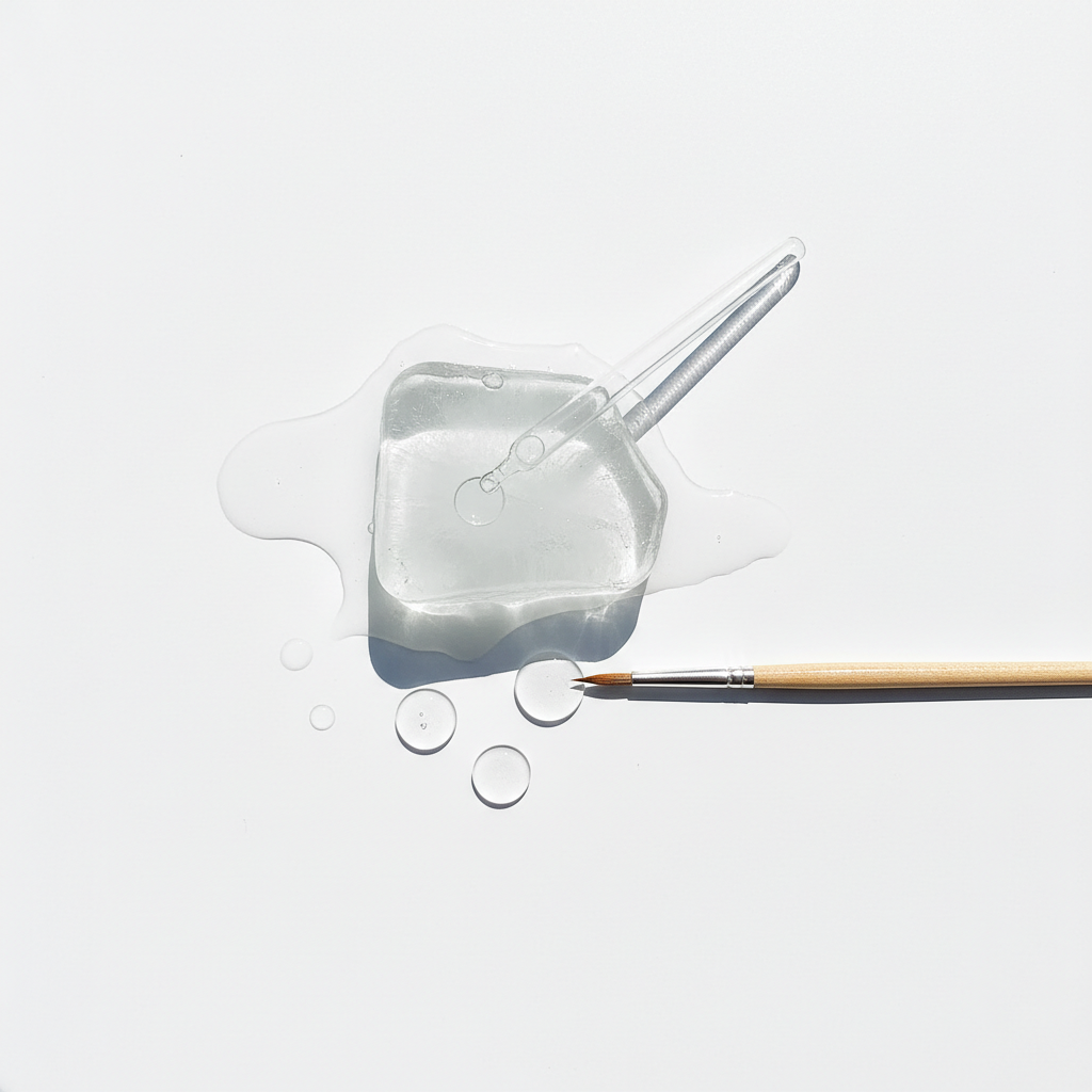 Minimalistische Draufsicht auf Pipetten und Pinsel, die für präzise Wassertransfer-Übungen oder Sensorik-Spiele zur Förderung der Handmuskulatur genutzt werden.